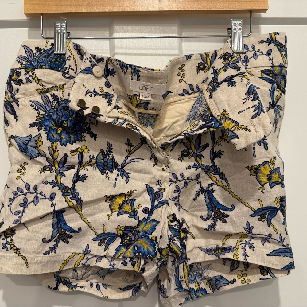 LOFT High Waist Blue and Cream Floral Shorts